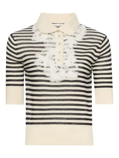 Ermanno Scervino Striped-pattern Lace-embellished Top In Neutral