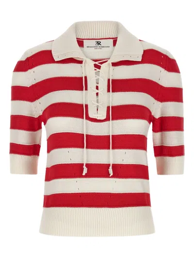 Ermanno Scervino Crochet Knit Polo Shirt Ribbed Collar In Red