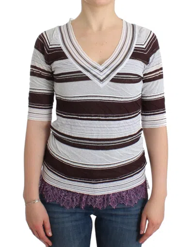 Ermanno Scervino Striped Lace V-neck Sweater In Brown