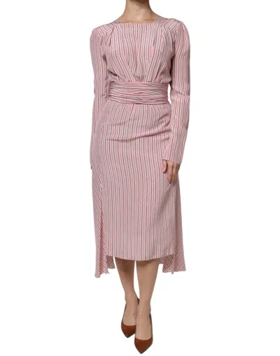 Pre-owned Ermanno Scervino Stripes Silk Long Sleeves Midi Women's Dress () In Pink