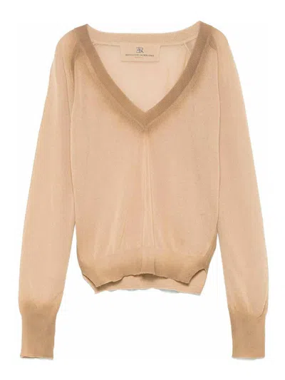 Ermanno Scervino Long Sleeve V-neck Sweater In Brown