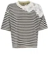 Ermanno Scervino Striped Cotton T-shirt With Floral Lace Detail In Base Bianca Riga Nera