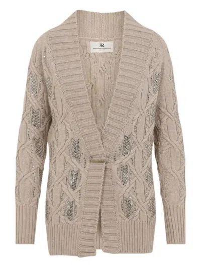 Ermanno Scervino Cable Knit Cardigan Crystal Embellishments In Neutral