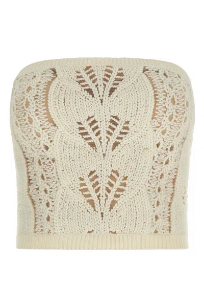 Ermanno Scervino Strapless Cropped Knit Top With Sheer Accents In Neutral