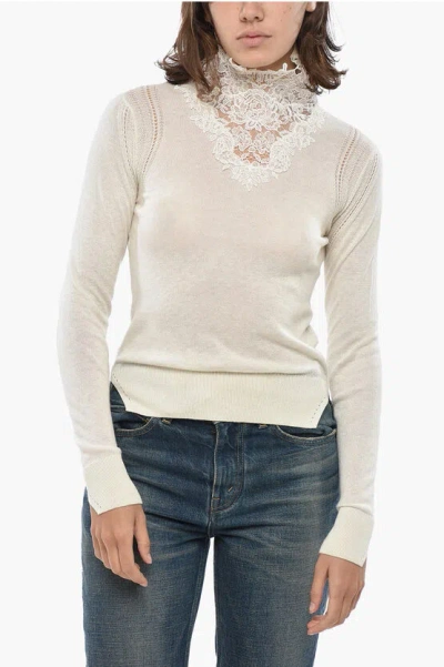 Ermanno Scervino Turtleneck Cashmere Blend Sweater With Lace Detail In White