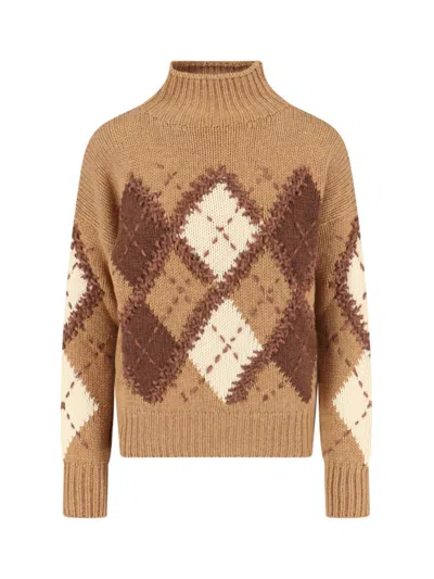 Ermanno Scervino Mock-neck Diamond-pattern Sweater In Brown