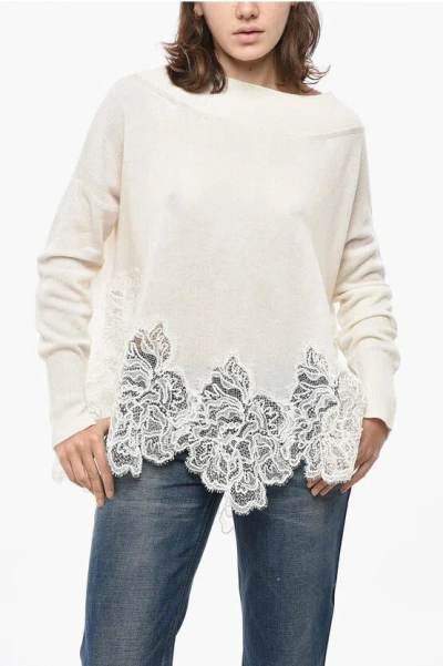 Ermanno Scervino Turtleneck Pure Cashmere Sweater With Lace Hem In White