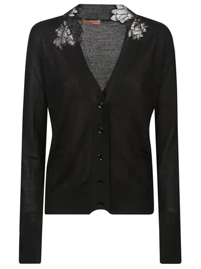 Ermanno Scervino V-neck Buttoned Black Knitted Cardigan With Embroidered Neckline In Multi