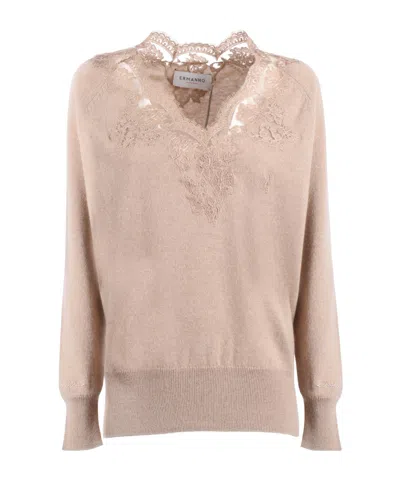 Ermanno Scervino Lace V-neck Sweater In Pink