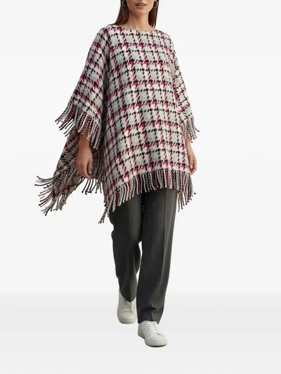 Pre-owned Ermanno Scervino Vintage Check Fringed Poncho In Gray