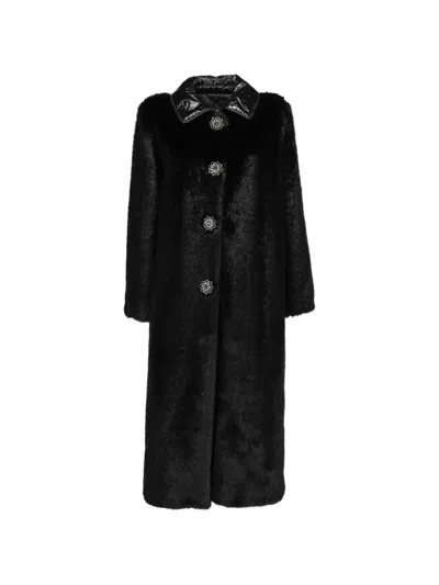 Pre-owned Ermanno Scervino Vintage Faux-fur Crystal-embellished Coat In Black