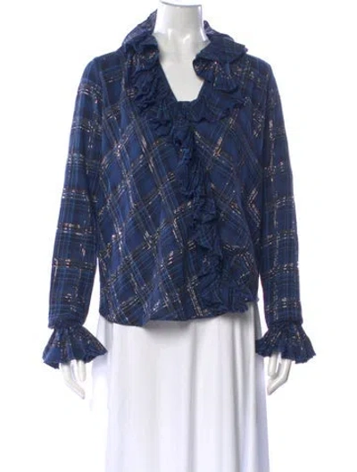 Pre-owned Ermanno Scervino Virgin Wool Plaid Print Blouse In Blue