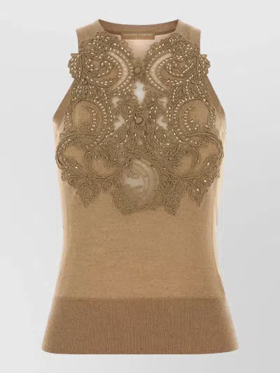 Ermanno Scervino Lace-embellished Bead-detailed Vest In Brown