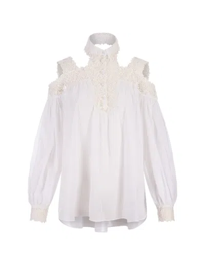 ERMANNO SCERVINO WHITE BLOUSE WITH FLOWER LACE AND CUT-OUT