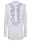 Ermanno Scervino Mandarin Collar Shirt With Intricate Blue Embroidery In White