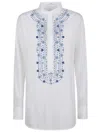 Ermanno Scervino Mandarin Collar Shirt With Intricate Blue Embroidery