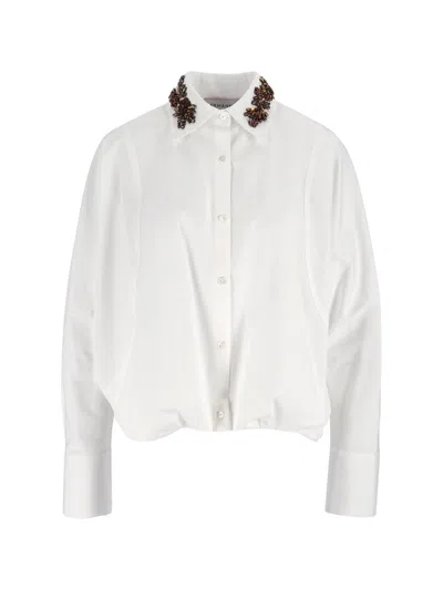 Ermanno Scervino White Cropped Embellished Collar Wide Cuff Shirt