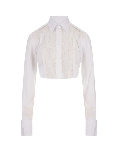 Ermanno Scervino White Cropped Poplin Shirt With Valencienne Lace