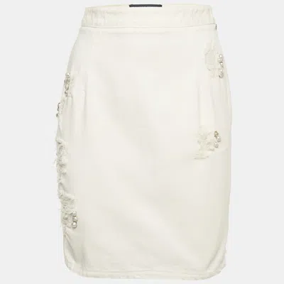 Pre-owned Ermanno Scervino White Denim Pearl Detail Mini Skirt S