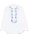Ermanno Scervino Mandarin Collar Shirt With Intricate Blue Embroidery