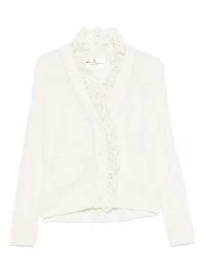 ERMANNO SCERVINO WHITE RUFFLE TRIM V NECK CARDIGAN
