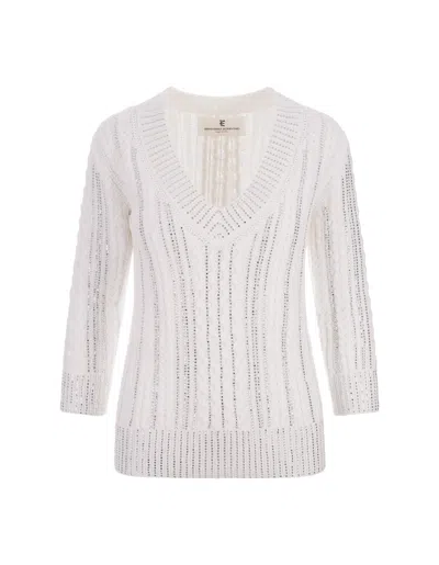 Ermanno Scervino White Sweater With Braids And Crystals In Bianco