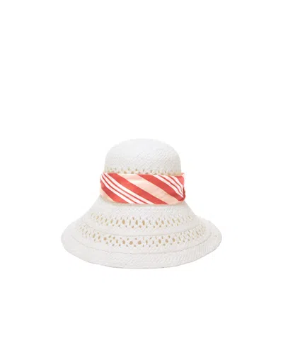 Ermanno Scervino Wide-brim Hat With Silk Scarf In White And Red Vichy Print