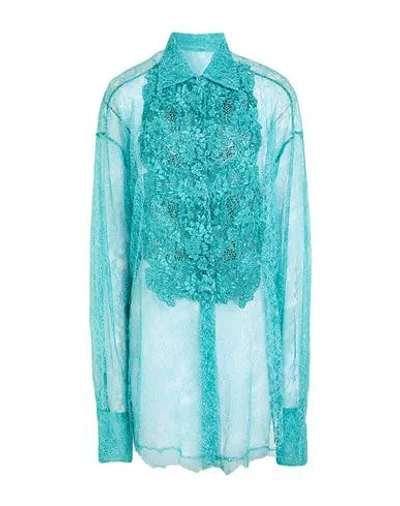 Ermanno Scervino Woman Shirt Turquoise Size 10 Polyamide, Viscose, Cotton, Glass, Aluminum
