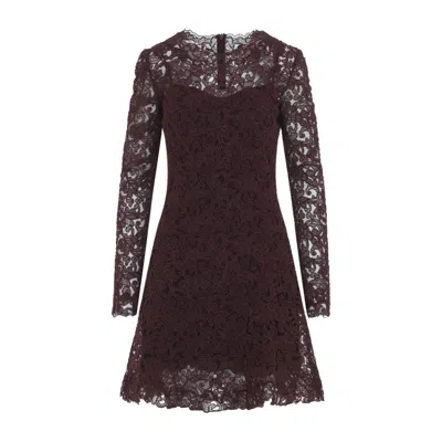 Ermanno Scervino Women Burgundy Lace Round Neck Mini Dress In Animal Print