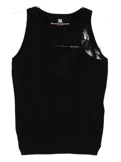 Ermanno Scervino Merino Racerback Tank Top Floral Embroidery In Black