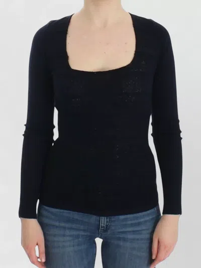 Ermanno Scervino Wool Stretch Square Neck Knit Top In Blue
