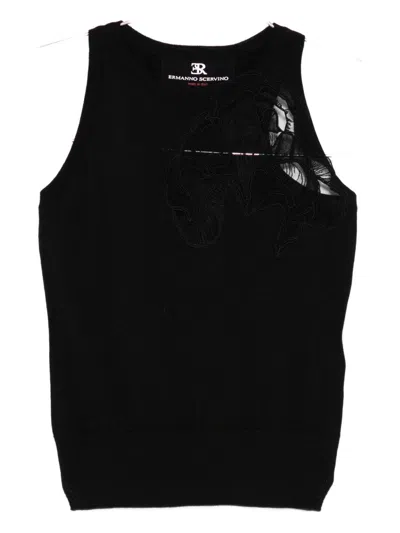 Ermanno Scervino Merino Racerback Tank Top Floral Embroidery In Black