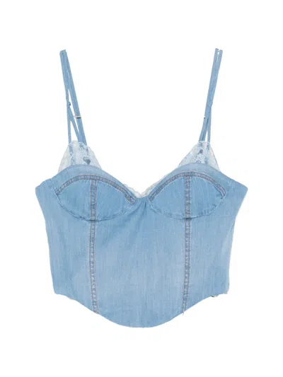 Ermanno Scervino Lace Trim Denim Bustier Top In Blue