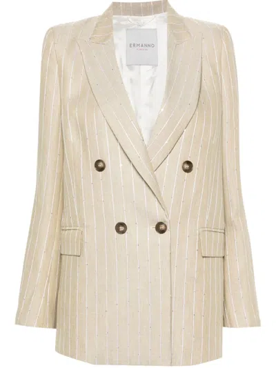 Ermanno Striped Double-breasted Jacket In Beige