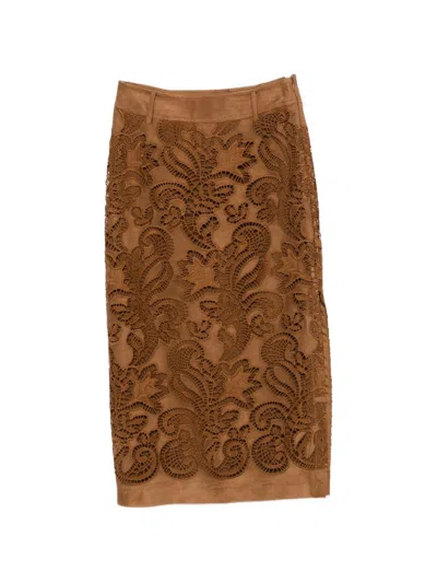 Ermanno Suede Leather Effect Long Skirt In Brown
