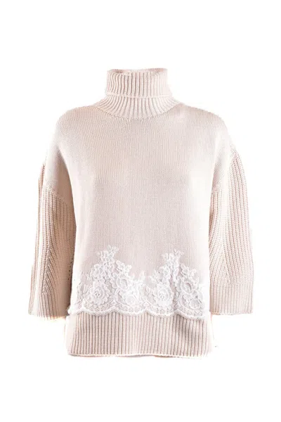 Ermanno Sweater With Elegant Lace Detail And Cozy Turtleneck Design In Neutrals