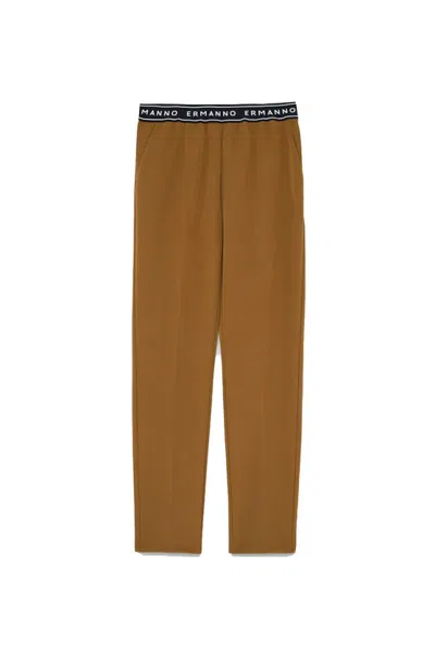 Ermanno Tailored Trousers With Comfortable Stretch And Chic Waistband Detail In Brown