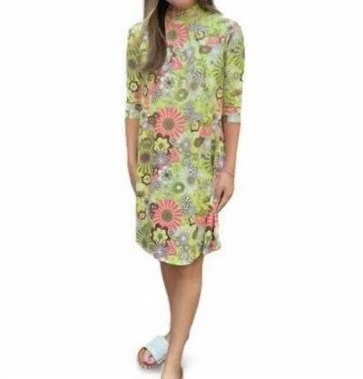 Erma’s Closet Flower Power Mock Neck Dress In Green Multi