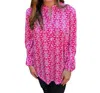 Erma’s Closet Print Pullover Top With Button Detail In Pink/white In Multi