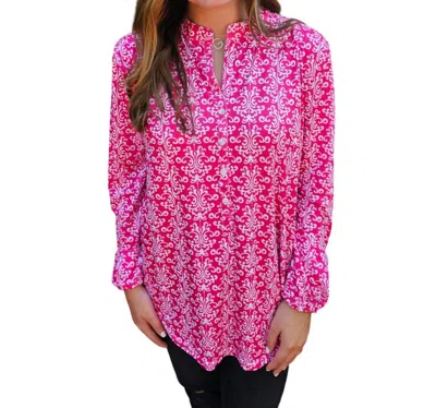 Erma’s Closet Print Pullover Top With Button Detail In Pink/white In Multi