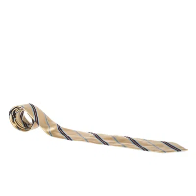 Ermenegildo Zegna Cream Diagonal Striped Traditional Silk Tie In White