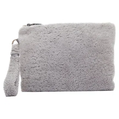 Pre-owned Ermenegildo Zegna Grey Lambskin Shearling Wrist Strap Zip Clutch Bag In Gray