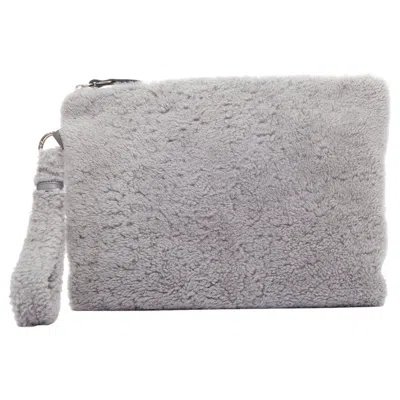 Pre-owned Ermenegildo Zegna Grey Lambskin Shearling Wrist Strap Zip Clutch Bag In Gray