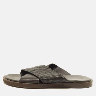 Pre-owned Ermenegildo Zegna Lido Size 42 Black Woven Leather Criss Cross Flat Slide