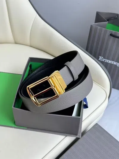 Pre-owned Ermenegildo Zegna Men's Reversible Leather Belt Gold Buckle In Gray/black