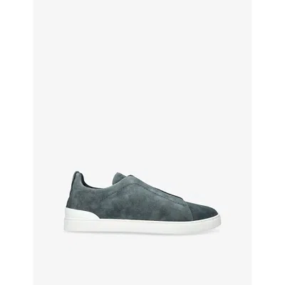 Ermenegildo Zegna Mens  Tripe-stitch Suede Low-top Trainers In Denim