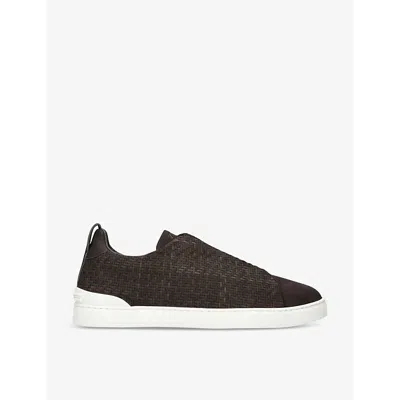 Ermenegildo Zegna Mens Dark Brown Pelletessuta Woven Leather Low-top Trainers