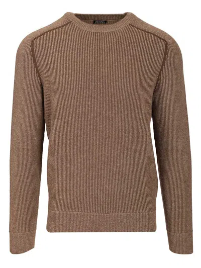Ermenegildo Zegna Pure Cashmere Rib Crew Neck Knitwear Brown