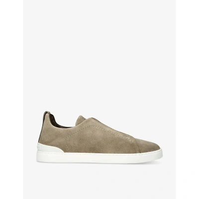 Ermenegildo Zegna Mens Mid Brown Triple Stitch Panelled Suede Low-top Trainers