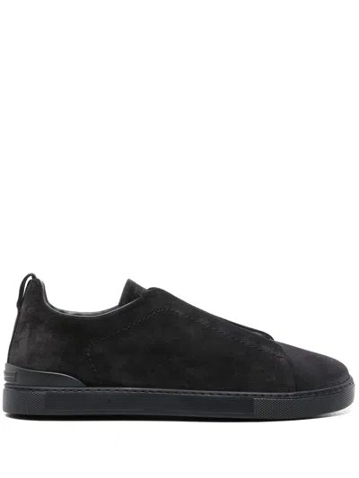 Ermenegildo Zegna Triple Stitch Suede Sneakers In Bnz Navy Blue